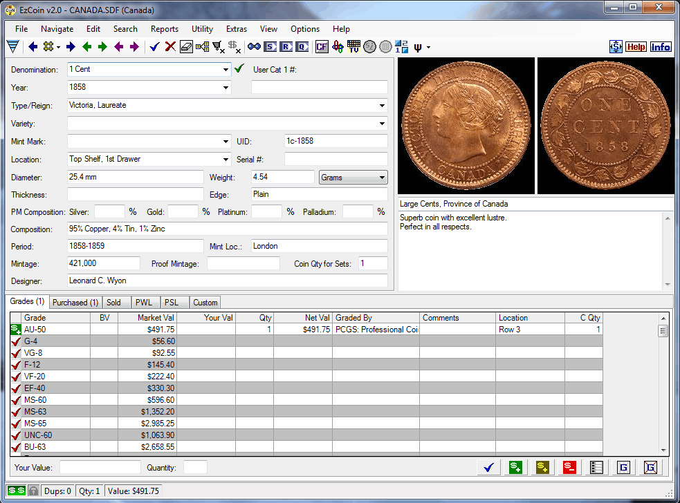 Coin Collecting Software EzCoin CANADA 2020+Images, Prices for All