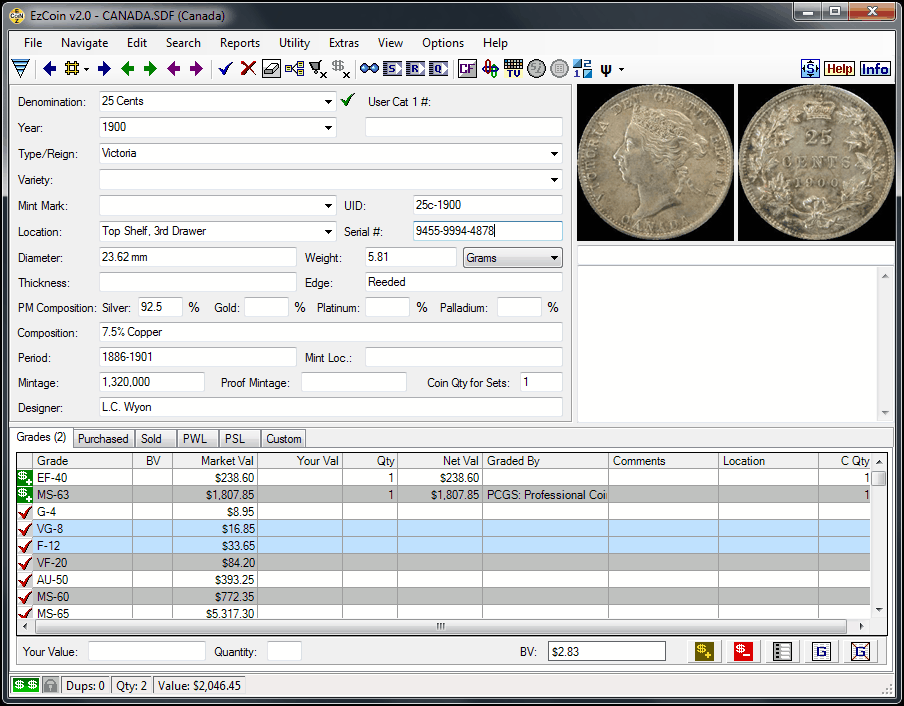 Coin Collecting Software EzCoin CANADA 2021+Images, Prices for All
